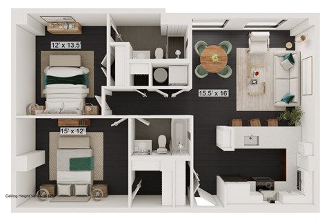 Floor plan for 2 beds, 2 baths, 1005 sqft